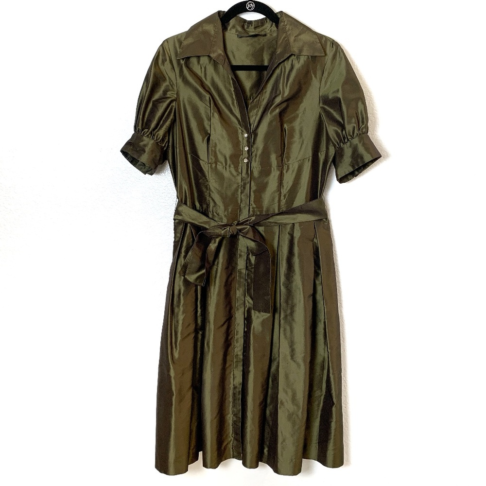 Donna Ricco Dress Silk Taffeta Button Up Size 12 Olive Green Cocktail Hostess